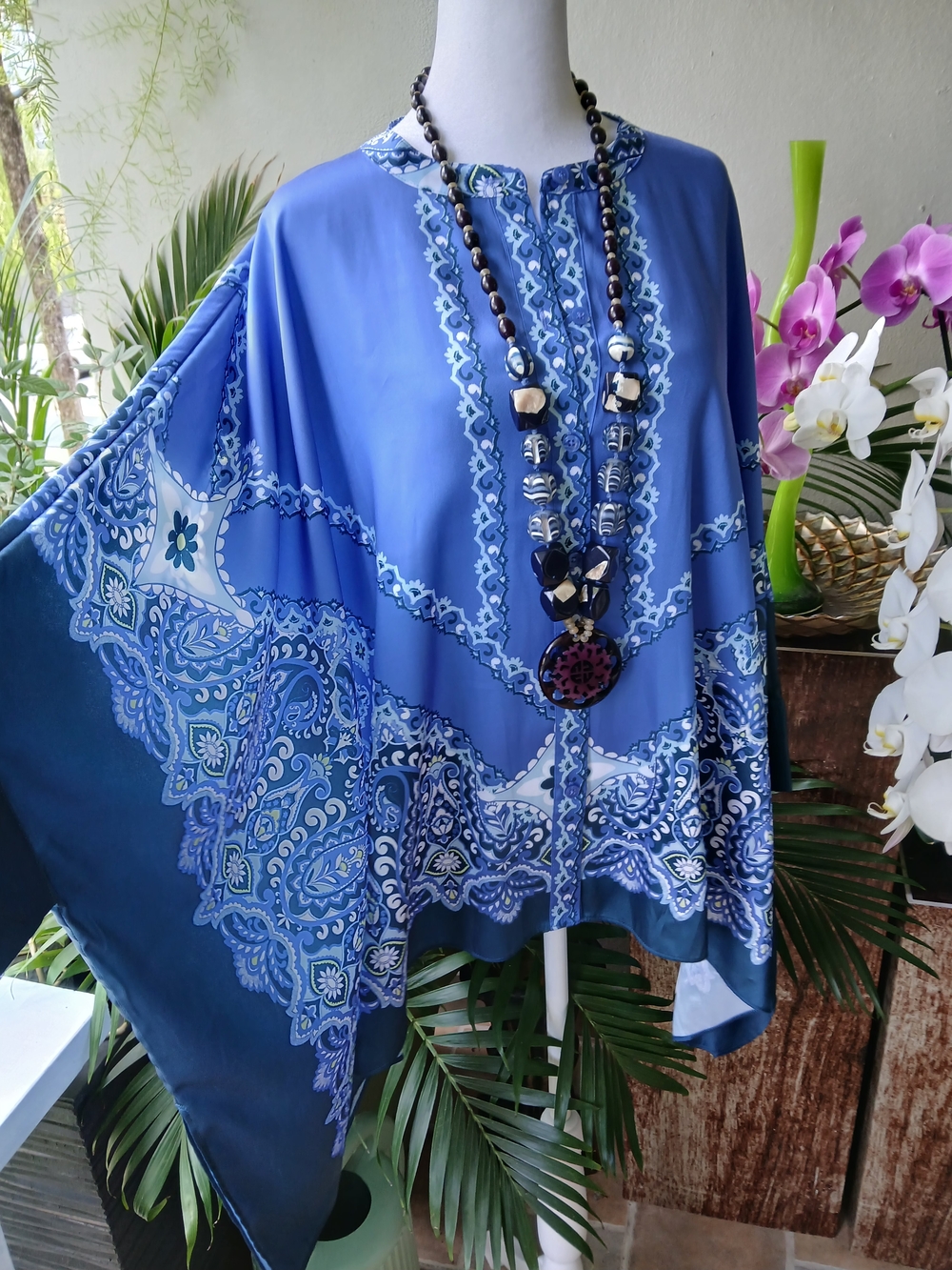 🔥Chico's Blue Printed Paisley Tunic Kimono Poncho Top & FREE GIFT L-XL - Picture 2 of 16